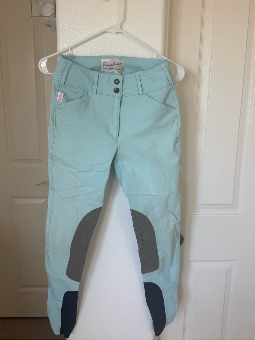 The Tailored Sportsman Tiffany Blue Riding Breeches with Tan Knee Patches